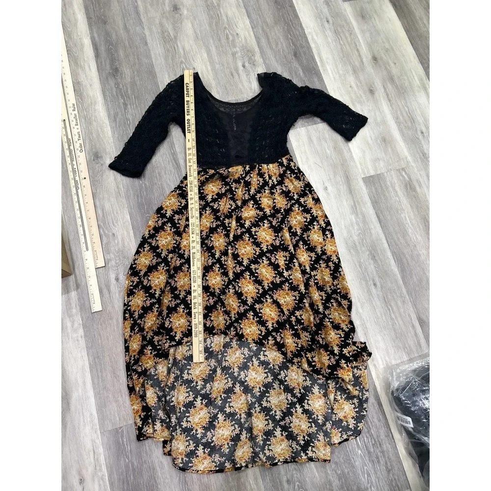 Free People Lonesome Dove Boho Dress Women's 2‎ Black Floral Lace Trim High Low